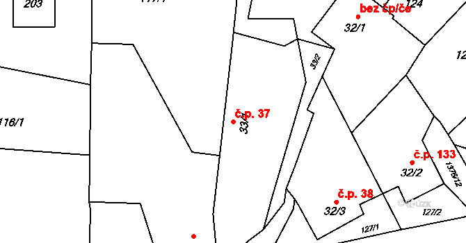 Skočice 37, Přeštice na parcele st. 33/1 v KÚ Skočice u Přeštic, Katastrální mapa