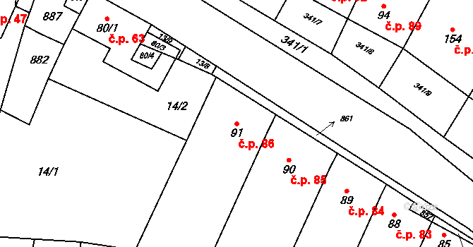 Voděrady 86 na parcele st. 91 v KÚ Voděrady u Kunštátu, Katastrální mapa