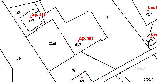 Luboměř 103 na parcele st. 51/1 v KÚ Luboměř, Katastrální mapa