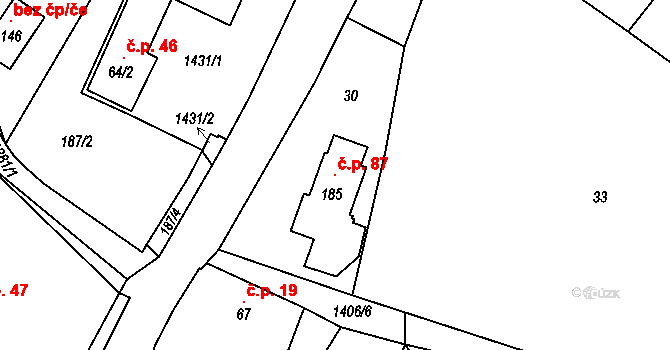 Heřmanice u Oder 87 na parcele st. 185 v KÚ Heřmanice u Oder, Katastrální mapa