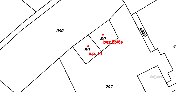 Bohuslavice 11 na parcele st. 5/1 v KÚ Bohuslavice, Katastrální mapa