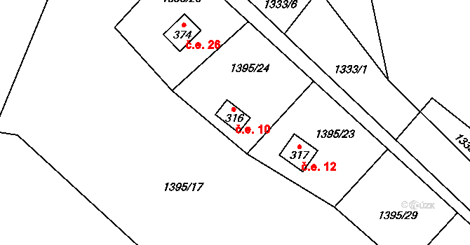 Guty 10, Třinec na parcele st. 316 v KÚ Guty, Katastrální mapa