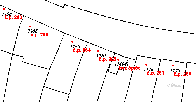 Bzenec 263 na parcele st. 1151 v KÚ Bzenec, Katastrální mapa