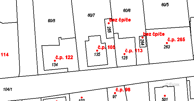 Hovorčovice 105 na parcele st. 135 v KÚ Hovorčovice, Katastrální mapa