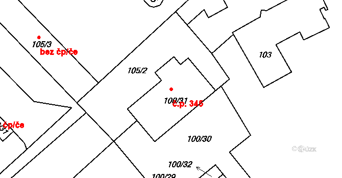Jirny 345 na parcele st. 100/31 v KÚ Jirny, Katastrální mapa