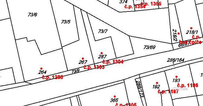 Švermov 1304, Kladno na parcele st. 287 v KÚ Hnidousy, Katastrální mapa