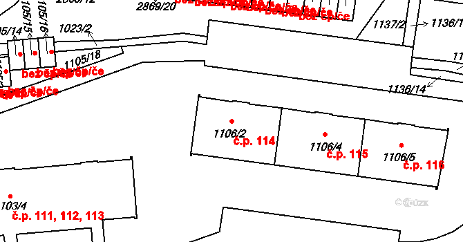Raspenava 114 na parcele st. 1106/2 v KÚ Raspenava, Katastrální mapa