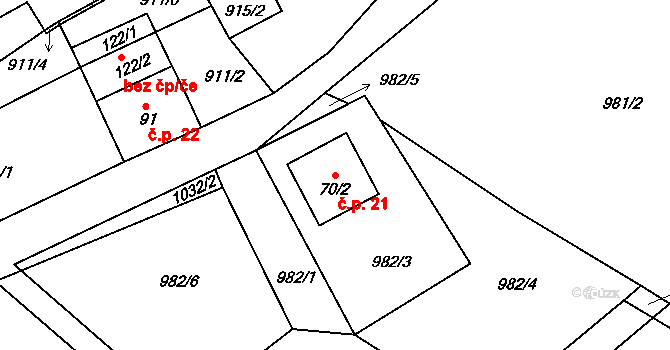 Pohoří 21, Stružinec na parcele st. 70/2 v KÚ Pohoří u Stružince, Katastrální mapa