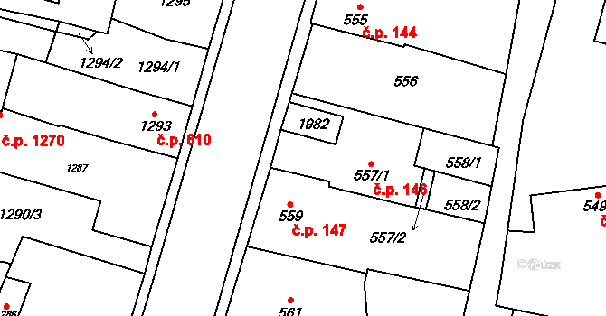 Kosmonosy 146 na parcele st. 557/1 v KÚ Kosmonosy, Katastrální mapa