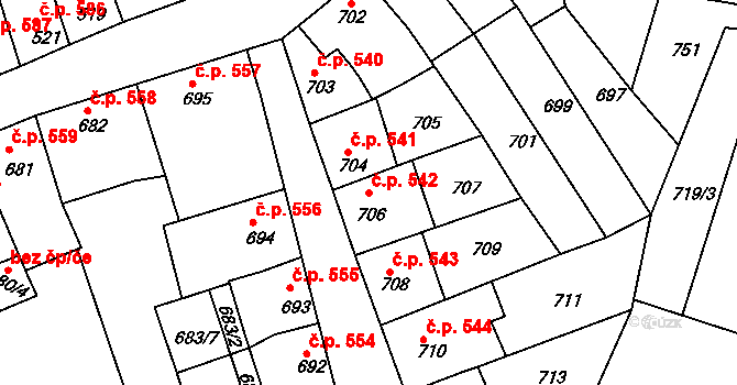 Roudnice nad Labem 542 na parcele st. 706 v KÚ Roudnice nad Labem, Katastrální mapa