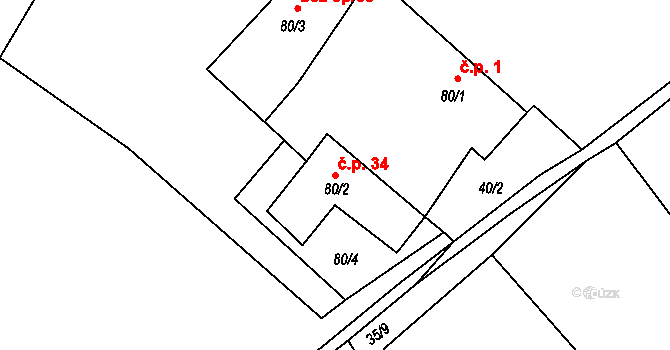 Mohuřice 34, Slavče na parcele st. 80/2 v KÚ Mohuřice, Katastrální mapa