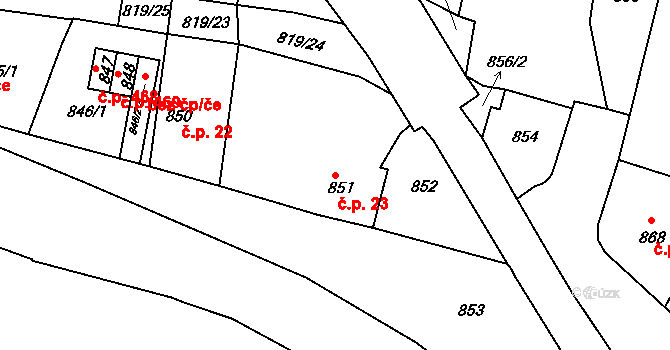 Předlice 23, Ústí nad Labem na parcele st. 851 v KÚ Předlice, Katastrální mapa