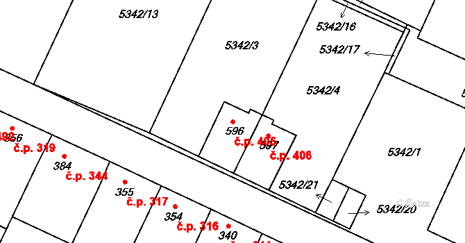 Mohelno 405 na parcele st. 596 v KÚ Mohelno, Katastrální mapa