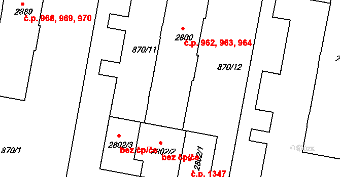 Horka-Domky 962,963,964, Třebíč na parcele st. 2800 v KÚ Třebíč, Katastrální mapa