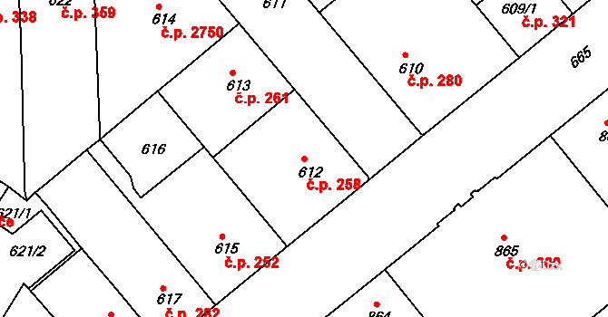 Žižkov 258, Praha na parcele st. 612 v KÚ Žižkov, Katastrální mapa