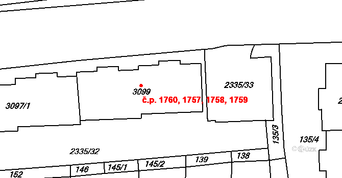 Chodov 1757,1758,1759,1760, Praha na parcele st. 3099 v KÚ Chodov, Katastrální mapa