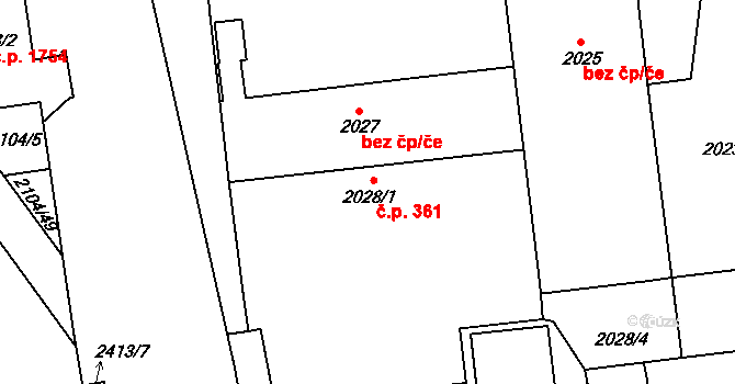 Kunratice 361, Praha na parcele st. 2028/1 v KÚ Kunratice, Katastrální mapa