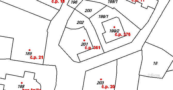 Hostivař 361, Praha na parcele st. 201 v KÚ Hostivař, Katastrální mapa