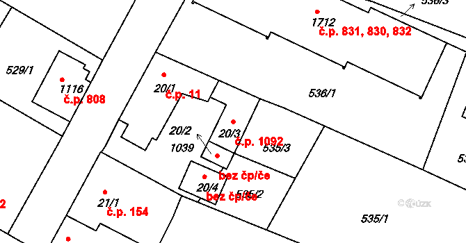 Sezimovo Ústí 1092 na parcele st. 20/3 v KÚ Sezimovo Ústí, Katastrální mapa