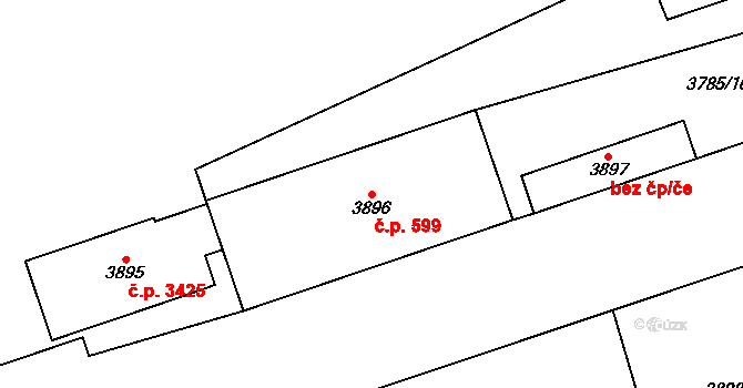 Chomutov 599 na parcele st. 3896 v KÚ Chomutov I, Katastrální mapa