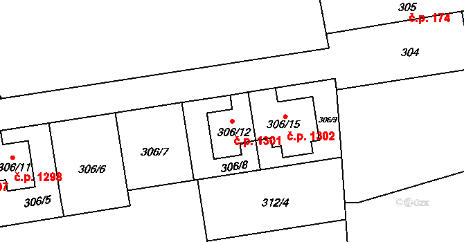 Hulín 1301 na parcele st. 306/12 v KÚ Hulín, Katastrální mapa