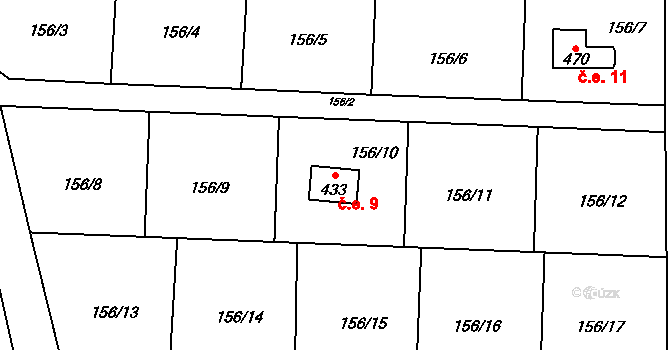 Blaženice 9, Rabyně na parcele st. 433 v KÚ Blaženice, Katastrální mapa