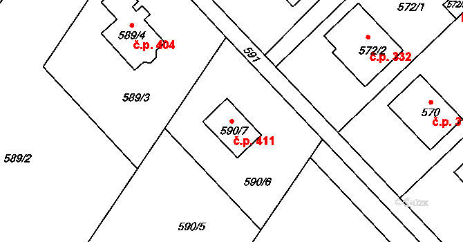Křelov 411, Křelov-Břuchotín na parcele st. 590/7 v KÚ Křelov, Katastrální mapa