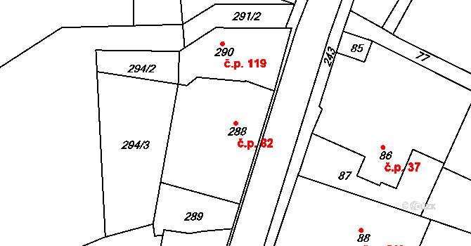 Želechovice nad Dřevnicí 82 na parcele st. 288 v KÚ Želechovice nad Dřevnicí, Katastrální mapa