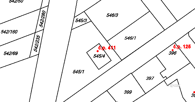 Lhota 411, Plzeň na parcele st. 545/4 v KÚ Lhota u Dobřan, Katastrální mapa