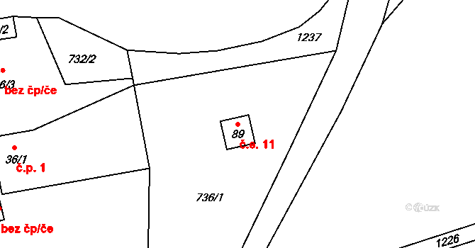 Pohořalka 11, Liboměřice na parcele st. 89 v KÚ Liboměřice, Katastrální mapa