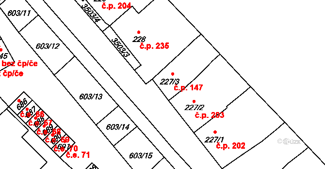 Lysice 147 na parcele st. 227/3 v KÚ Lysice, Katastrální mapa
