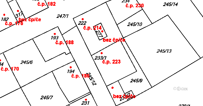 Krupá 223 na parcele st. 233/1 v KÚ Krupá, Katastrální mapa