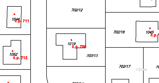 Hrotovice 706 na parcele st. 1019 v KÚ Hrotovice, Katastrální mapa