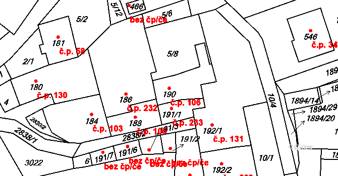 Štoky 106 na parcele st. 190 v KÚ Štoky, Katastrální mapa