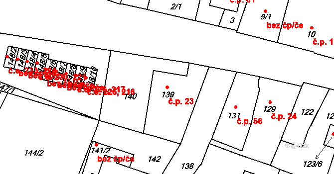 Hruškové Dvory 23, Jihlava na parcele st. 139 v KÚ Hruškové Dvory, Katastrální mapa