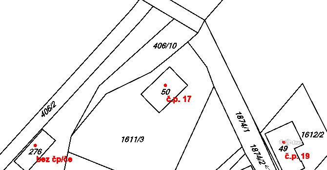 Kaliště 17, Bohdalovice na parcele st. 50 v KÚ Větřní-Kaliště, Katastrální mapa