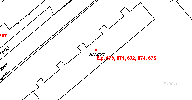 Vyškov-Předměstí 671,672,673,674,675, Vyškov na parcele st. 1078/24 v KÚ Vyškov, Katastrální mapa