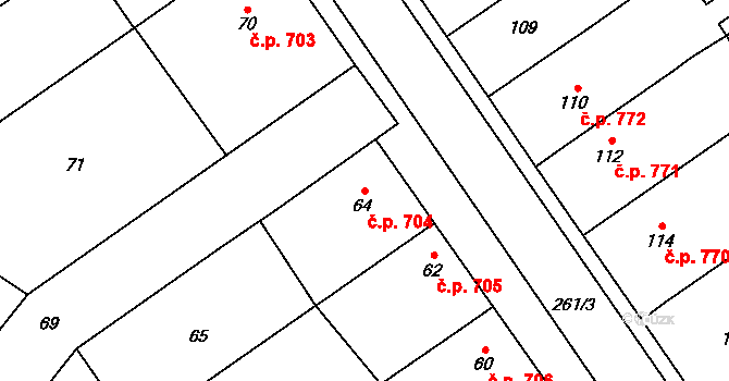 Březce 704, Štěpánov na parcele st. 64 v KÚ Březce, Katastrální mapa