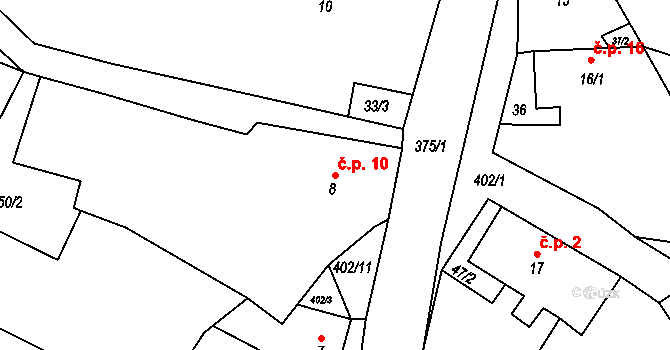 Třebutičky 10, Polepy na parcele st. 8 v KÚ Třebutičky, Katastrální mapa