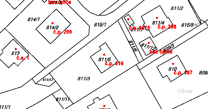 Brná 316, Ústí nad Labem na parcele st. 811/5 v KÚ Brná nad Labem, Katastrální mapa