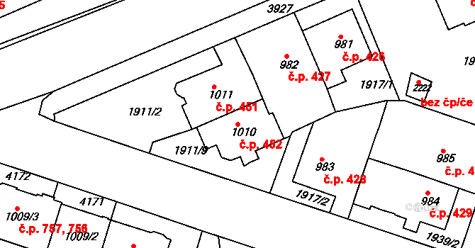 Žichlínské Předměstí 452, Lanškroun na parcele st. 1010 v KÚ Lanškroun, Katastrální mapa