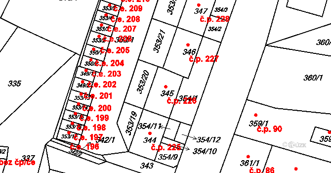 Miřetice u Klášterce nad Ohří 226, Klášterec nad Ohří na parcele st. 345 v KÚ Miřetice u Klášterce nad Ohří, Katastrální mapa