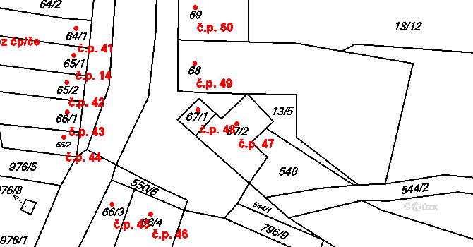 Kobeřice 47, Hradčany-Kobeřice na parcele st. 67/2 v KÚ Kobeřice, Katastrální mapa
