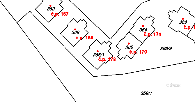 Svatava 178 na parcele st. 366/1 v KÚ Svatava, Katastrální mapa