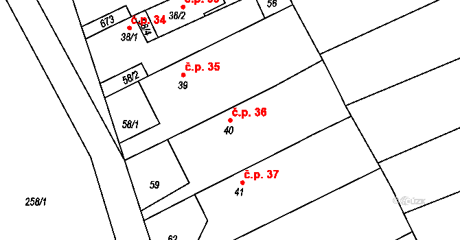Branov 36 na parcele st. 40 v KÚ Branov, Katastrální mapa