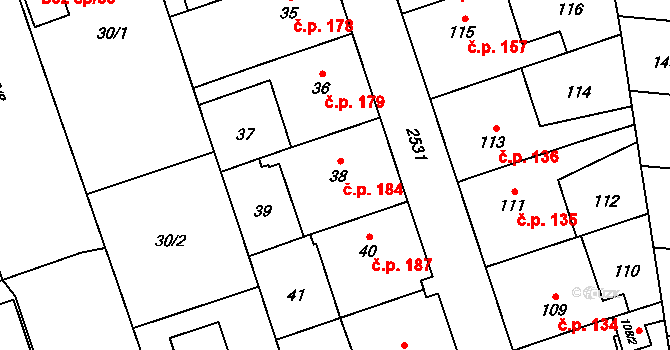 Radotín 184, Praha na parcele st. 38 v KÚ Radotín, Katastrální mapa