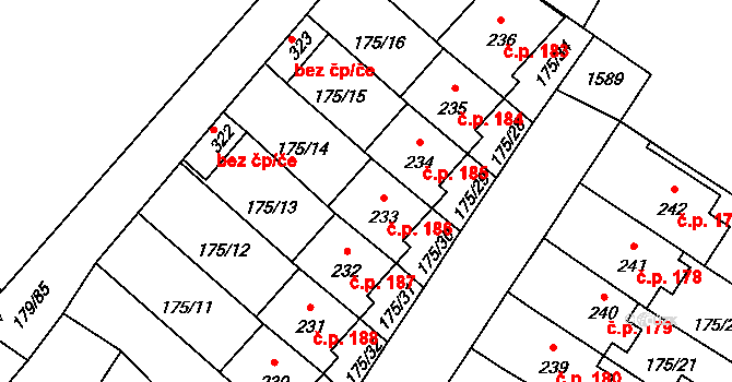Břežany II 186 na parcele st. 233 v KÚ Břežany II, Katastrální mapa