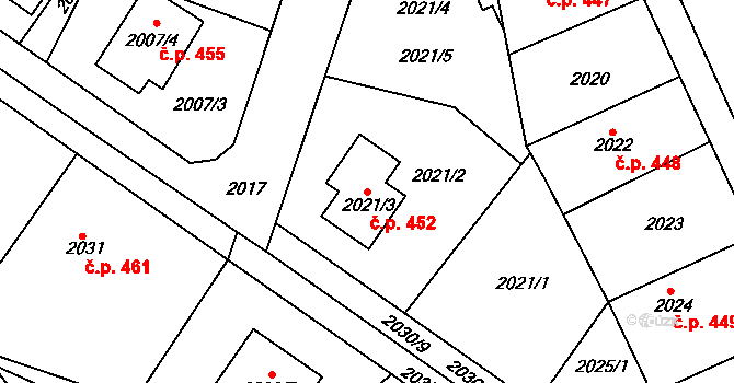 Příbram III 452, Příbram na parcele st. 2021/3 v KÚ Příbram, Katastrální mapa