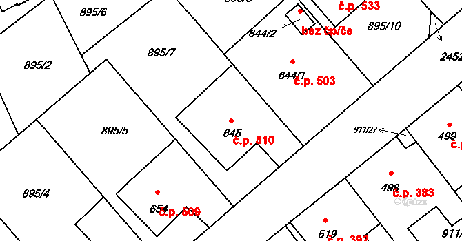 Rožmitál pod Třemšínem 510 na parcele st. 645 v KÚ Rožmitál pod Třemšínem, Katastrální mapa