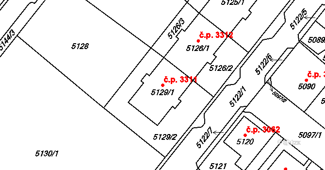 Chomutov 3311 na parcele st. 5129/1 v KÚ Chomutov I, Katastrální mapa